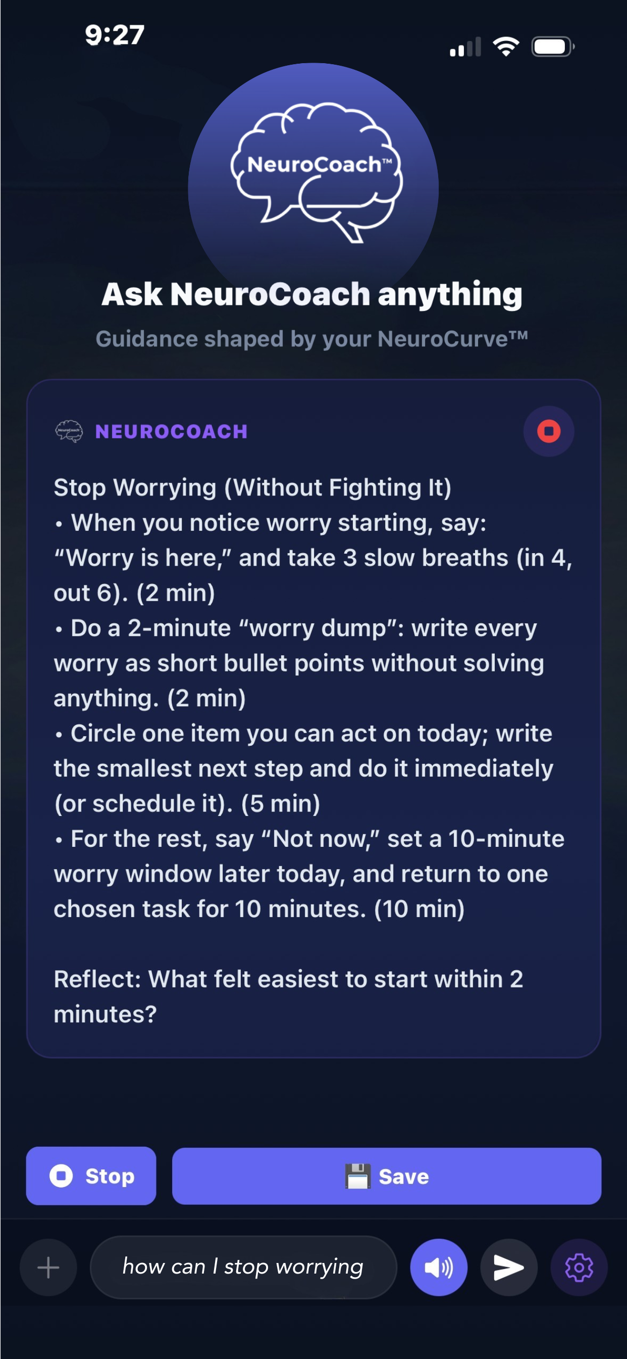 NeuroCurve NeuroCoach guidance screen